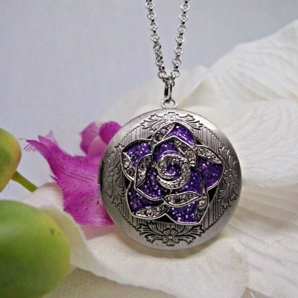 Rhinestone Rose Purple Silver Locket Necklace Rnd - Picture 4 of 8